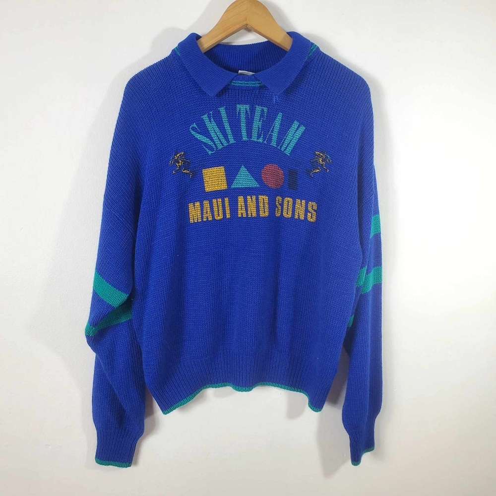 Vintage Maui and Sons Ski Team Sweater - Polo Collar, Blue 80s/90s Retro